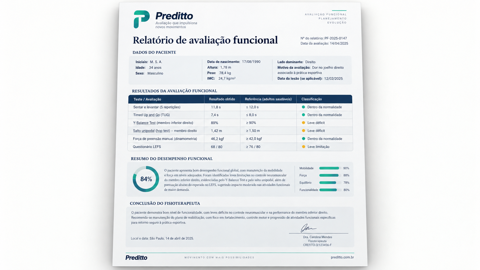 Exemplo de laudo de avaliação funcional em PDF gerado pelo Preditto
